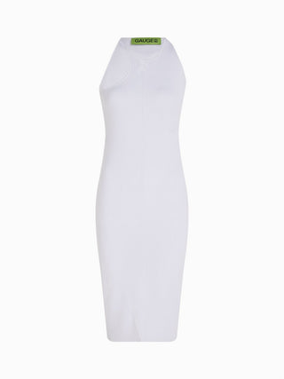 Sleek Ribbed Knit Halter Dress in White