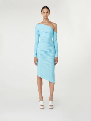 Asymmetrical Sky Blue Ruched Midi Dress