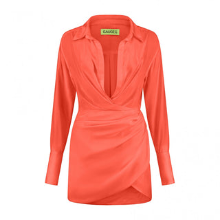 Coral Draped Satin Shirt Dress