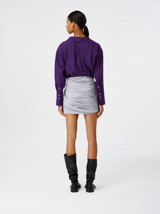 "Elegant Ruched Mini Skirt with Plunging Blouse Ensemble"