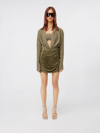 Olive Ruched Mini Dress with Blazer-Style Collar