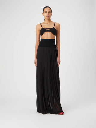 Elegant Pleated Black Maxi Skirt with Cut-Out Top