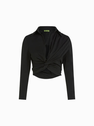 Twist-Front Black Blouse with Collar