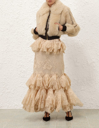 Luxurious Lace Tiered Gown with Plush Fur Collared Jacket