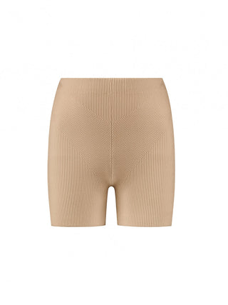 Ribbed High-Waist Biker Shorts in Camel Beige