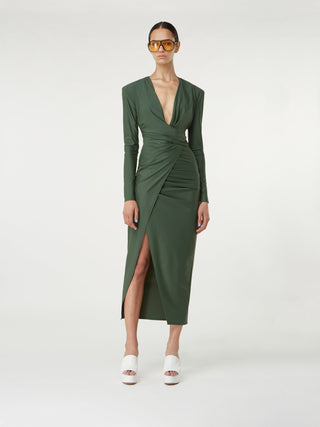 Emerald Elegance: Draped Long Sleeve Midi Dress