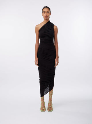 Asymmetrical Black Ruched Midi Dress