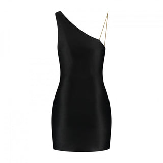 One-Shoulder Black Mini Dress with Gold Strap Detail