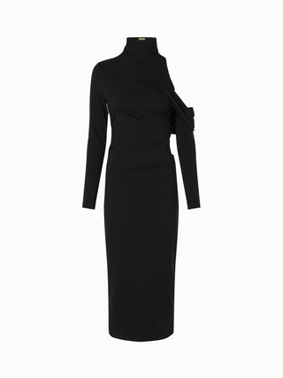 "Asymmetric Cutout Turtleneck Midi Dress"