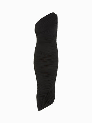 Asymmetrical Black Ruched Midi Dress