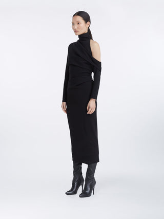 "Asymmetric Cutout Turtleneck Midi Dress"