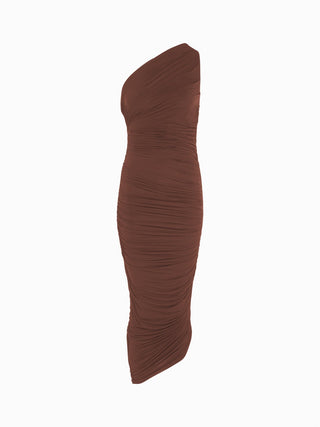 Elegant One-Shoulder Ruched Midi Dress in Rich Brown