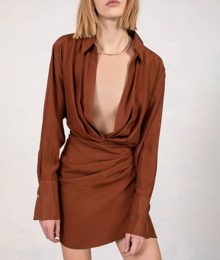 Draped Chestnut Satin Shirtdress