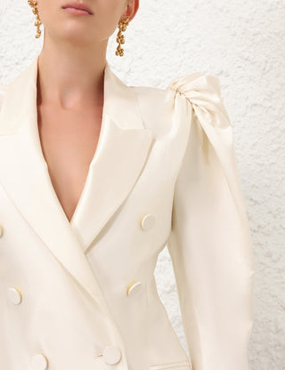 Elegant Ivory Puff-Sleeve Blazer Dress