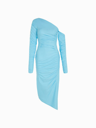 Asymmetrical Sky Blue Ruched Midi Dress