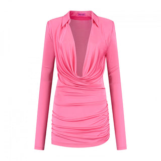 Vibrant Pink Ruched Long Sleeve Mini Dress