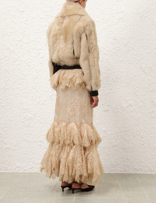 Luxurious Lace Tiered Gown with Plush Fur Collared Jacket