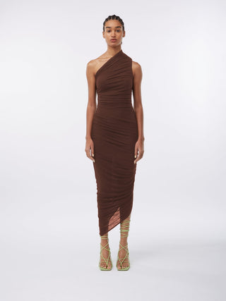 Elegant One-Shoulder Ruched Midi Dress in Rich Brown