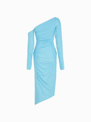 Asymmetrical Sky Blue Ruched Midi Dress