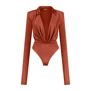 Draped Collared Long Sleeve Bodysuit in Terra Cotta