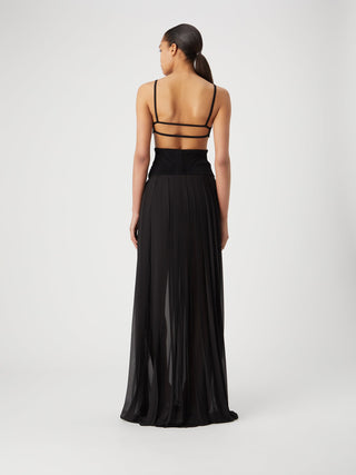 Elegant Pleated Black Maxi Skirt with Cut-Out Top