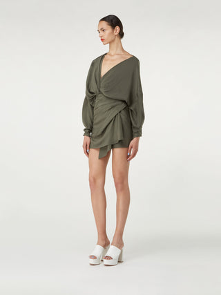 Silky Olive Wrap Dress