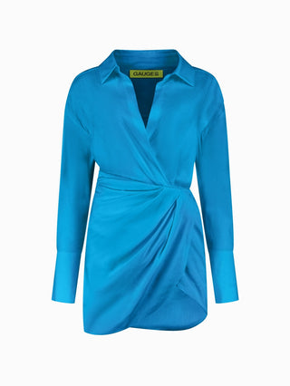 "Azure Draped Wrap Shirt Dress"