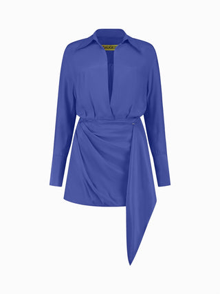 Asymmetric Draped Blue Shirt Dress