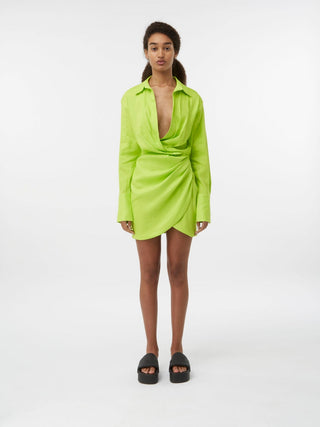 Lime Green Draped Wrap Mini Dress