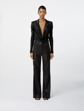 Elegance Noir Drape Blouse & Flared Trousers Set